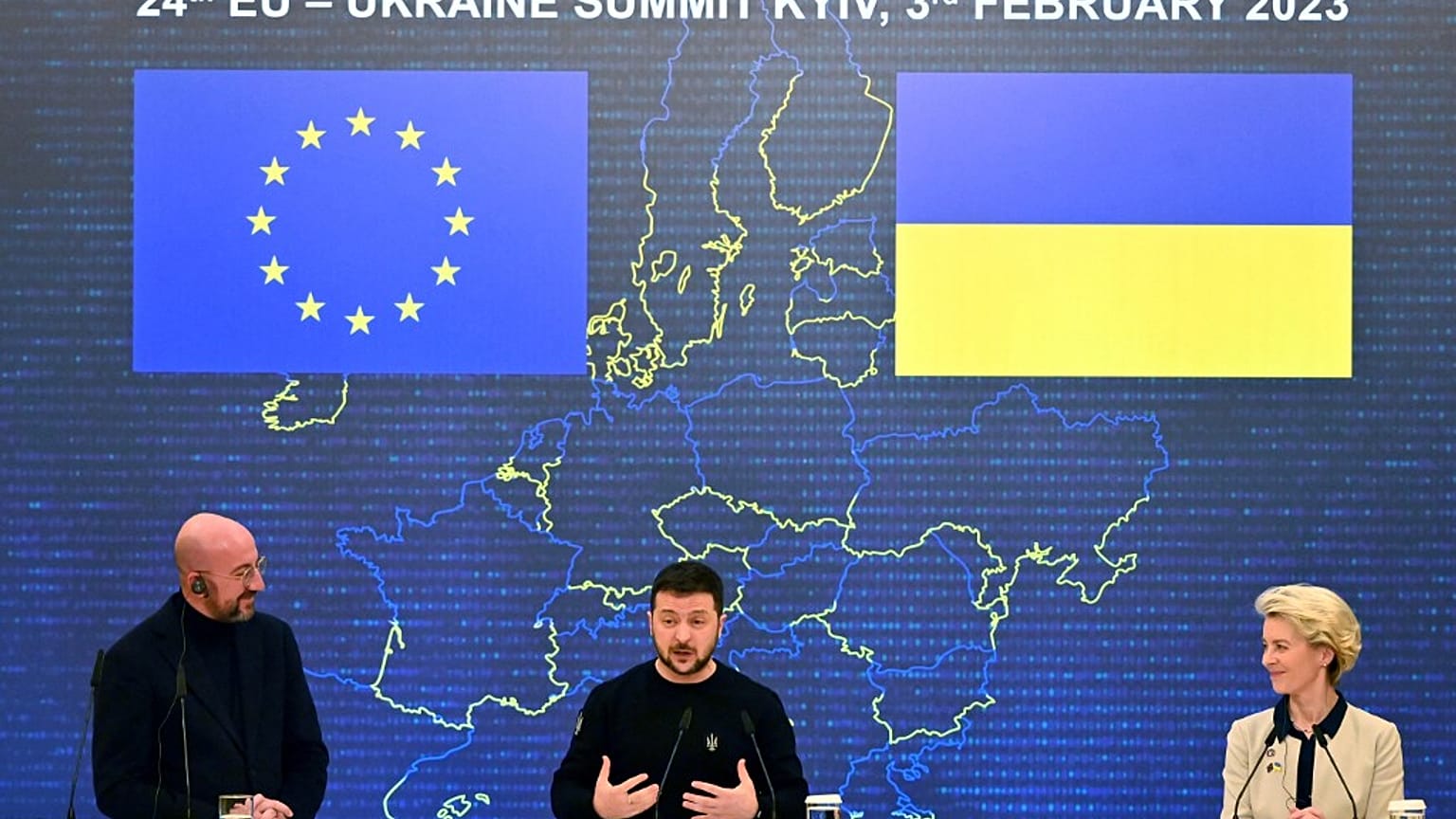 Ukrainian President Volodymyr Zelenskyy (centre) with European Council President Charles Michel and European Commission President Ursula von der Leyen in Kyiv.