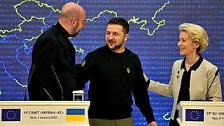 Ukraine President Zelenskyy with EU leaders Charles Michel and Ursula von der Leyen at a media conference at the EU-Ukraine summit in Kyiv, Ukraine, Friday, Feb. 3, 2023.