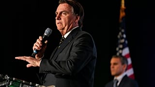 Brazil's former President Jair Bolsonaro speaks at an event hosted by conservative group Turning Point USA, at Trump National Doral in Miami.