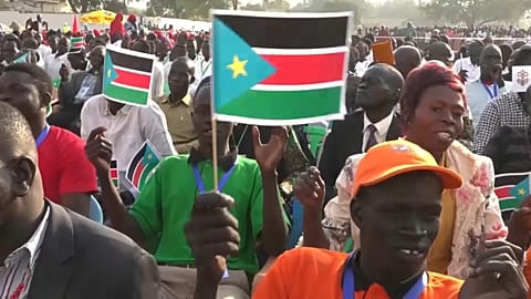 Pope Francis arrives to celebrate mass at the John Garang Mausoleum in Juba, South Sudan, Sunday, Feb. 5, 2023