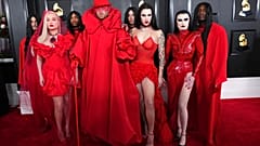 Kim Petras, left, and Sam Smith, centre, arrive with matching entourage at 65th Grammy Awards in Los Angeles