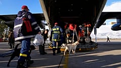 Des pompiers grecs accompagnés de chiens montent à bord d'un avion militaire à la base aérienne d'Elefsina, dans l'ouest d'Athènes, en Grèce, lundi 6 février 2023.