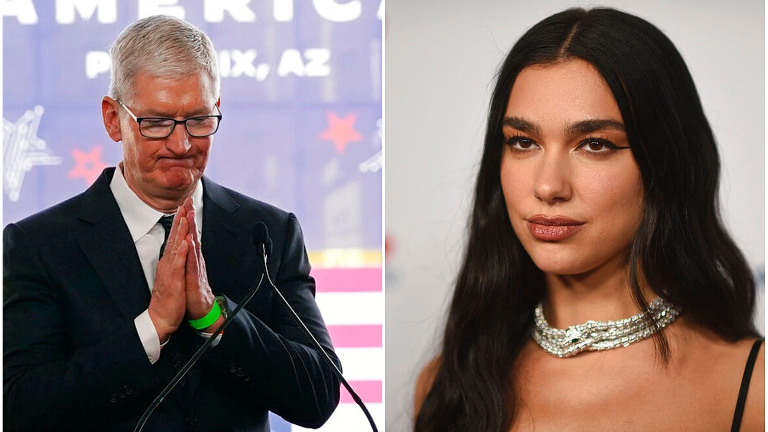 Apple CEO'su Tim Cook (solda), ünlü şarkıcı Dua Lipa