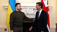 Ukraine's President Volodymyr Zelenskyy meets Britain's Prime Minister Rishi Sunak, right, inside Downing Street in London, Wednesday, Feb. 8, 2023.