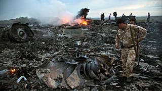 People walk amongst the debris at the crash site of a passenger plane near the village of Grabovo, Ukraine, July 17, 2014.