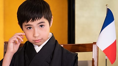 Ten-year-old kabuki actor Maholo Terajima attends a press conference at the French embassy in Tokyo on February 7, 2023. 