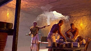 This illustratio depicts a priest during an embalming process in an underground chamber in Saqqara, Egypt.