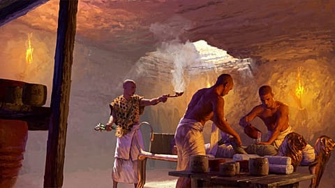 This illustratio depicts a priest during an embalming process in an underground chamber in Saqqara, Egypt.