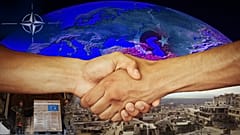 Graphic showing shaking hands, images of Turkey earthquake damage, and NATO  logo
