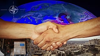 Graphic showing shaking hands, images of Turkey earthquake damage, and NATO  logo