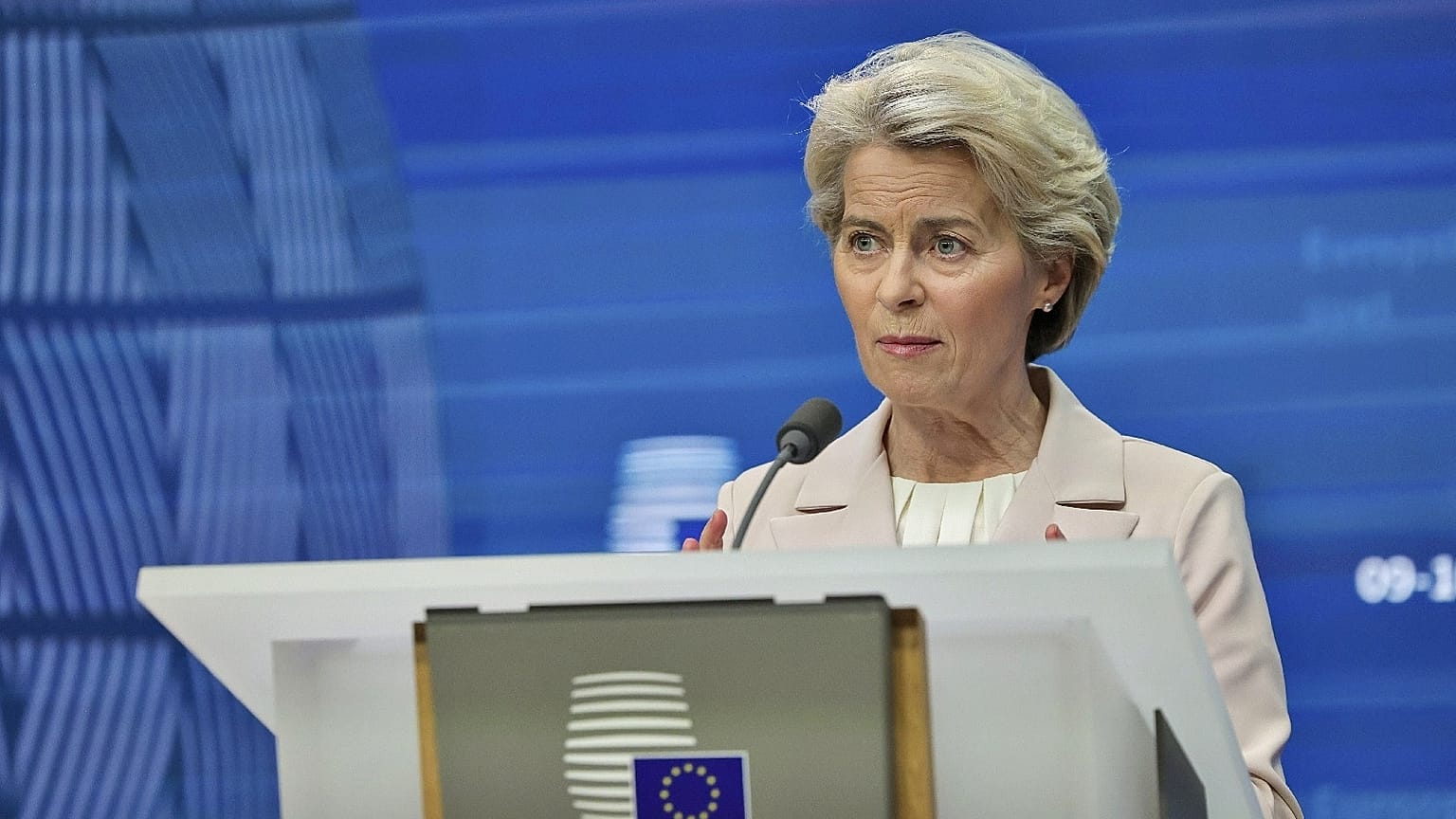 European Commission President Ursula von der Leyen speaks during a media conference at an EU summit in Brussels, Feb. 9, 2023.