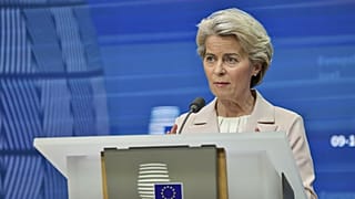 European Commission President Ursula von der Leyen speaks during a media conference at an EU summit in Brussels, Feb. 9, 2023.