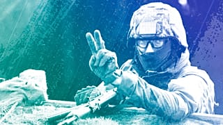 A Ukrainian soldier gestures as he takes part in a military exercise in Northern England, 16 February 2023