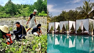 Khun Kade and other staff from The Sarojin plant mangrove trees at a local fisherman's village / The pool at The Sarojin
