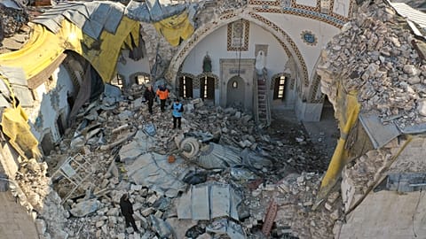 View of a mosque which collapsed in the earthquake, in Antakya, Turkey, Saturday, Feb. 11, 2023. 
