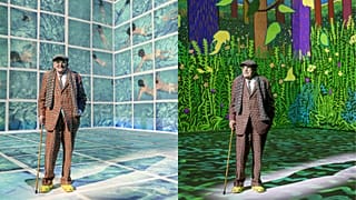 British artist David Hockney posing in two of his immersive art installations at London's Lightroom.