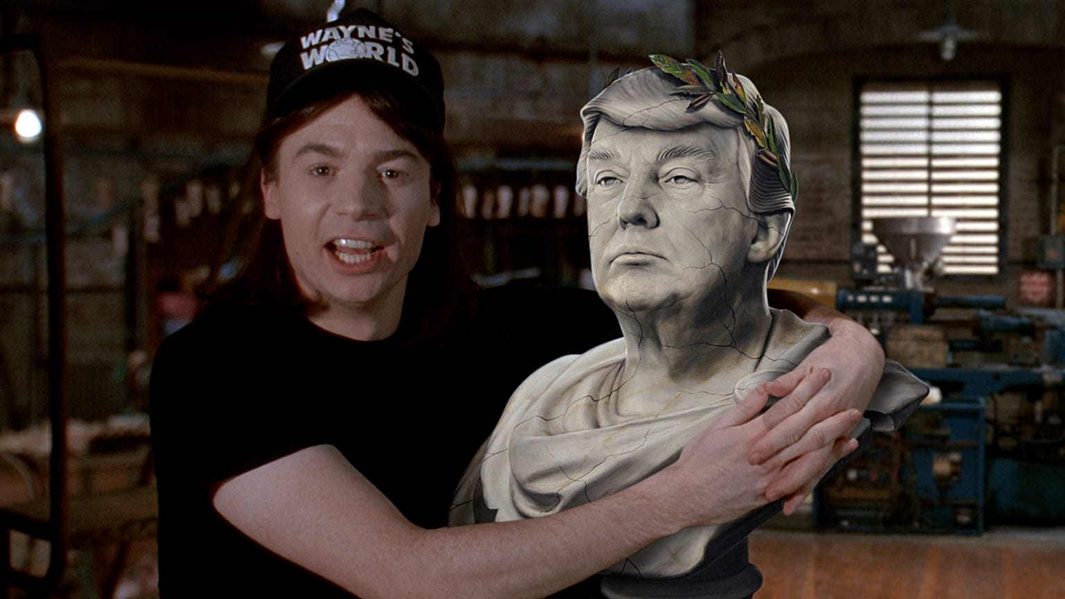 Wayne from the 1992 movie Wayne's World hugging a bust of former US president Donald Trump in the film Hello Dankness. 
