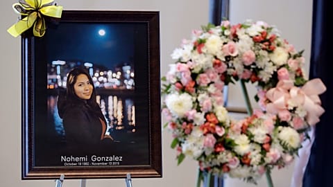 A picture is displayed during a memorial service for California State Long Beach student Nohemi Gonzalez, who was killed by Islamic State gunmen in Paris, Nov. 15, 2015