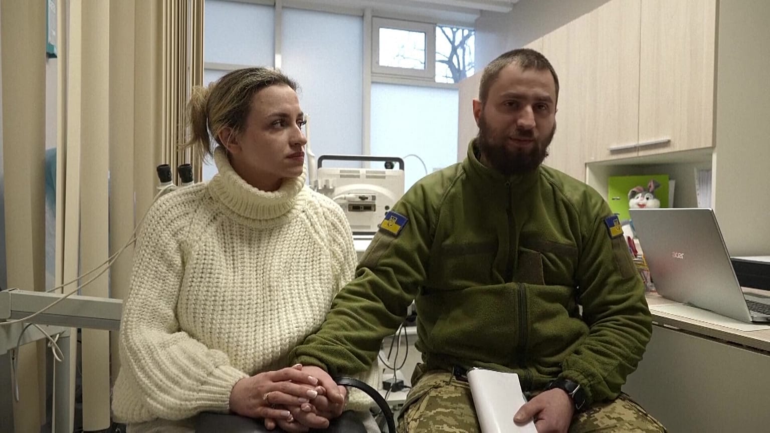 Ukrainian soldier Vitalii Khroniuk and his wife, Anna Sokurenko at the fertility clinic in Kyiv, Ukraine.