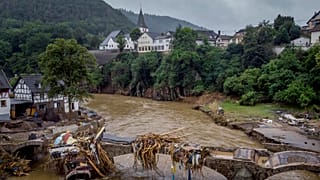 Houses were destroyed by the flooding of the Ahr river in Schuld, Germany, 2021.