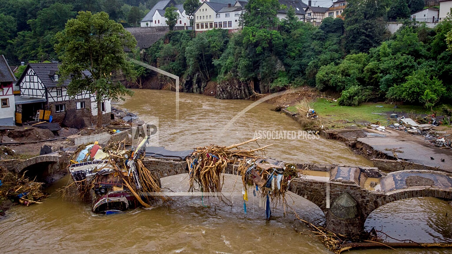 Houses were destroyed by the flooding of the Ahr river in Schuld, Germany, 2021..