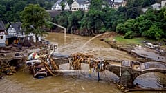 Houses were destroyed by the flooding of the Ahr river in Schuld, Germany, 2021..