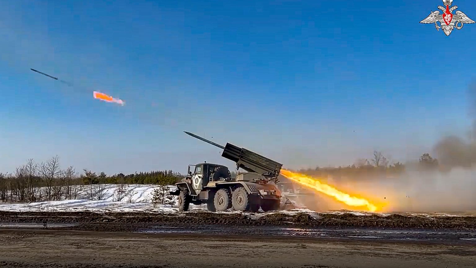Video released by Russian Defense Ministry Press Service on Feb. 22, 2023, shows the Russian military's Grad multiple rocket launcher firing rockets at Ukrainian troops.