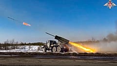 Video released by Russian Defense Ministry Press Service on Feb. 22, 2023, shows the Russian military's Grad multiple rocket launcher firing rockets at Ukrainian troops.