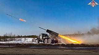 Video released by Russian Defense Ministry Press Service on Feb. 22, 2023, shows the Russian military's Grad multiple rocket launcher firing rockets at Ukrainian troops.