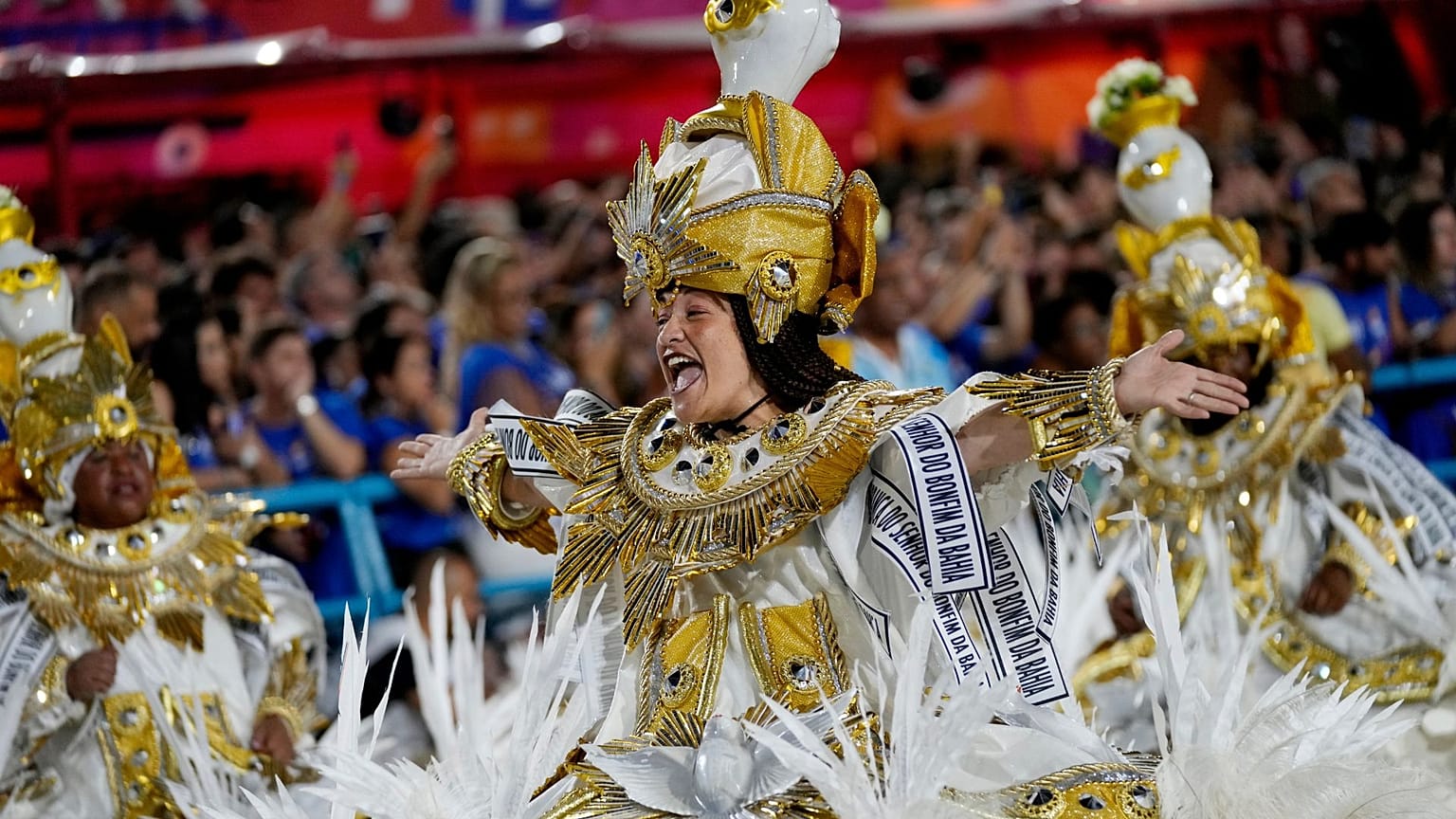 A performer during Carnival celebrations at the Sambadrome in Rio de Janeiro, Brazil, 2023