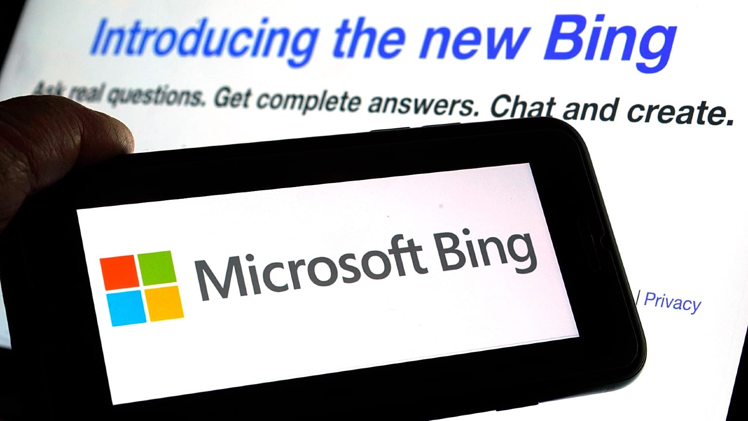 The Microsoft Bing logo and the website's page are shown in this photo taken in New York on Tuesday, Feb. 7, 2023.