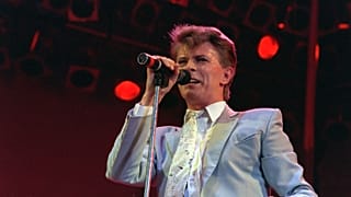 Rock star David Bowie performs on stage at Wembley Stadium, London, July 13, 1985