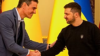 Ukrainian president Volodymyr Zelenskyy and Spain's Prime Minister Pedro Sanchez shake hands during a joint press conference in Kyiv, Ukraine, Thursday, Feb. 23, 2023. 