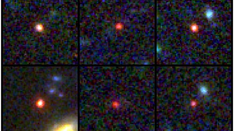 This image provided by NASA and the European Space Agency shows images of six candidate massive galaxies, seen 500-800 million years after the Big Bang.
