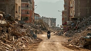 مردی سوار بر موتورسیکلت از کنار آوار ساختمان های ویران شده در سمندغ، جنوب ترکیه، چهارشنبه، ۲۲ فوریه ۲۰۲۳. 