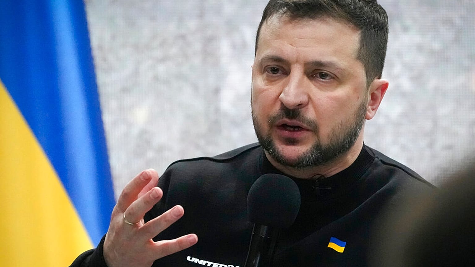 Ukrainian President Volodymyr Zelenskyy speaks during his press conference on Friday February 24