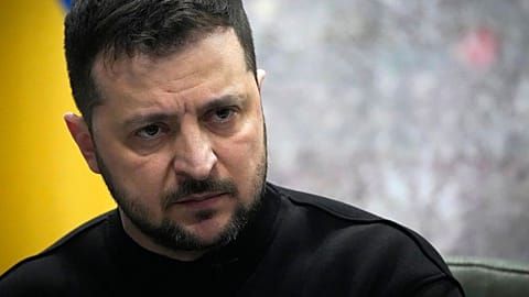 Ukrainian President Volodymyr Zelenskyy speaks during his press conference on the occasion of the Russia Ukraine war one year anniversary in Kyiv, Ukraine, Friday, Feb. 24, 20