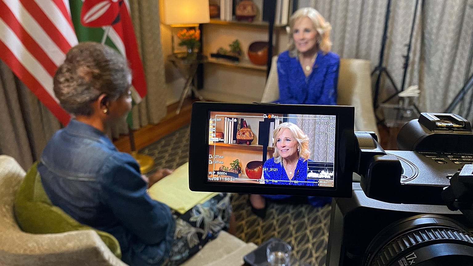 First Lady of the United States Jill Biden speaks is seen on a camera viewfinder during an interview with Associated Press in Nairobi, Feb 24, 2023 