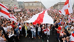 Demonstrators carry a huge historical flag of Belarus as thousands gather for a protest at the Independence square in Minsk, Belarus.