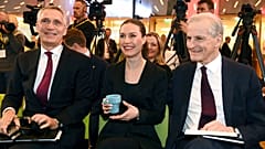 El secretario general de la OTAN, Jens Stoltenberg, la primera ministra de Finlandia, Sanna Marin y el primer ministro de Noruega,  Jonas Gahr Store. Helsinki 28/2/2023