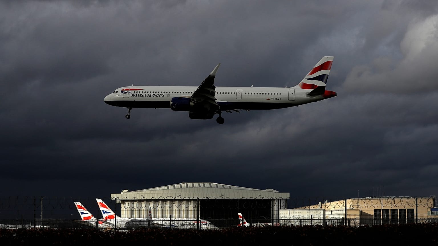 A plane comes in to land at Heathrow Airport in London