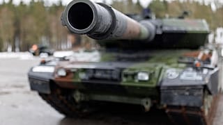New Leopard 2 A7V tanks from the German Army stand on the barracks grounds during the ceremonial handover for Tank Battalion 104 in Pfreimd, Germany, Friday, Feb. 3, 2023.