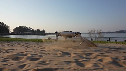 The quadruped robot RaiBo running on a beach in South Korea.