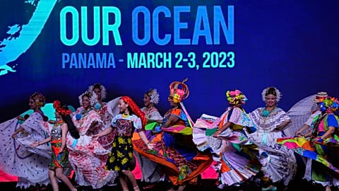 Dancers perform on the opening day of the Our Ocean meeting at the Panama Convention Center in Panama City, 2 March 2023