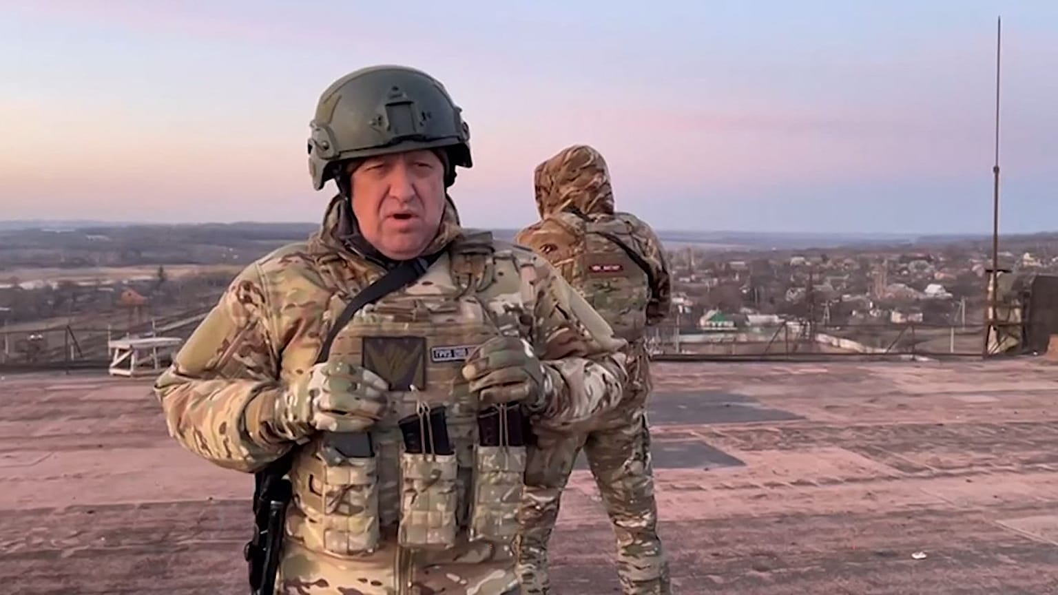 Yevgeny Prigozhin, the chief of the Russian paramilitary group Wagner, at an undisclosed location. Prigozhin declared his fighters have "practically encircled" Bakhmut.