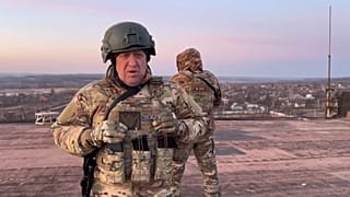 Yevgeny Prigozhin, the chief of the Russian paramilitary group Wagner, at an undisclosed location. Prigozhin declared his fighters have "practically encircled" Bakhmut.