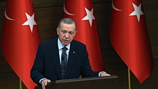 Turkish President Recep Tayyip Erdogan delivers a speech at the International Ombudsman Conference at the presidential complex in Ankara, Turkey, on January 11, 2023.