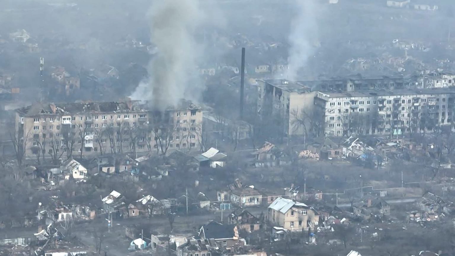 This file video grab taken from a shooting by AFPTV shows an aerial view of destructions during fightings in the city of Bakhmut on February 27, 2023.