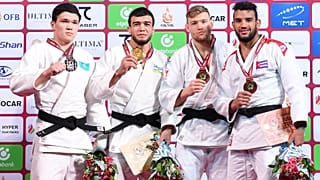 Le podium des -73 kg lors de la deuxième journée du Grand Slam de Tachkent, en Ouzbékistan, samedi 4 mars 2023.
