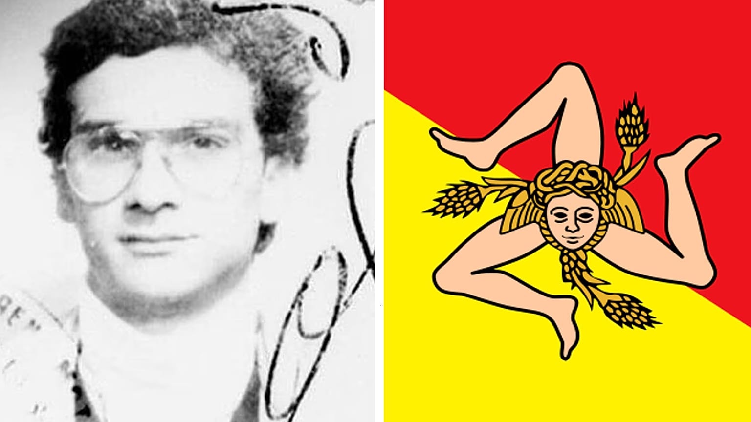 Mafia boss Matteo Messina Denaro in an old picture, left, and the flag of Sicily, right